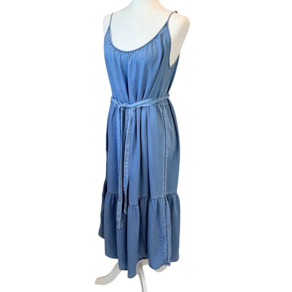 LOFT Chambray Belted Midi Swing Dress Tiered Blue Petite M - Picture 3 of 10